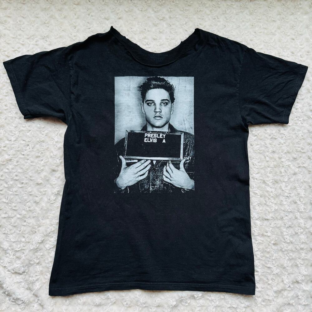 Elvis Presley US Army Mug Shot Rock n Roll Black Oversized Tee Shirt Large XL